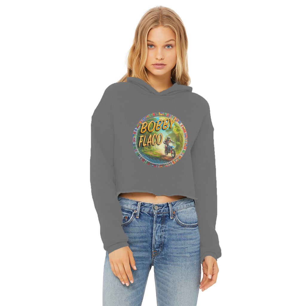 "Bike the World" Bobby Flaco - USaA Women's Wear Crop Top Hoodie